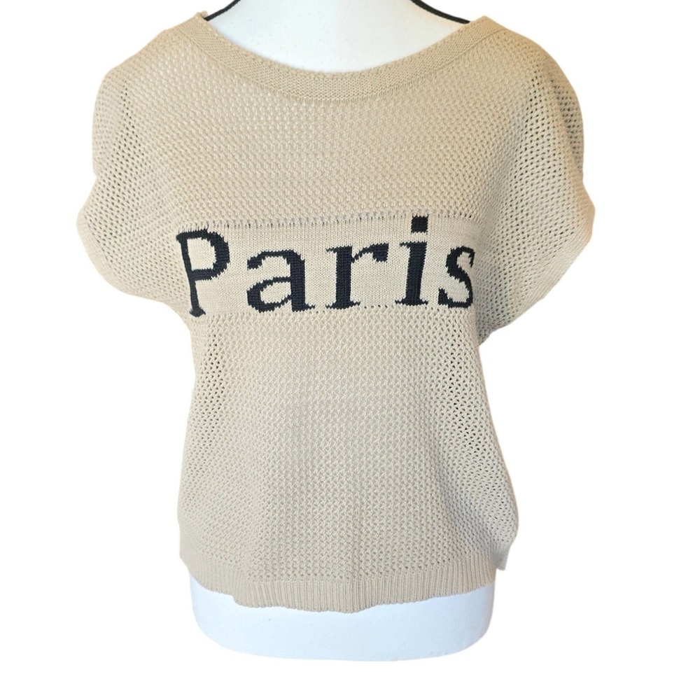 Tan Paris Mesh Open Knit Cap Sleeve Pullover Sweater Top M‎ Boho Coastal Boxy